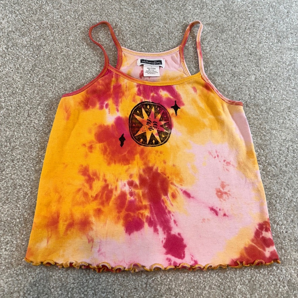 Linocut Hand Stamped Sun Graphic Tie Dye Tank Top Orange Star Lettuce Hem sz XS